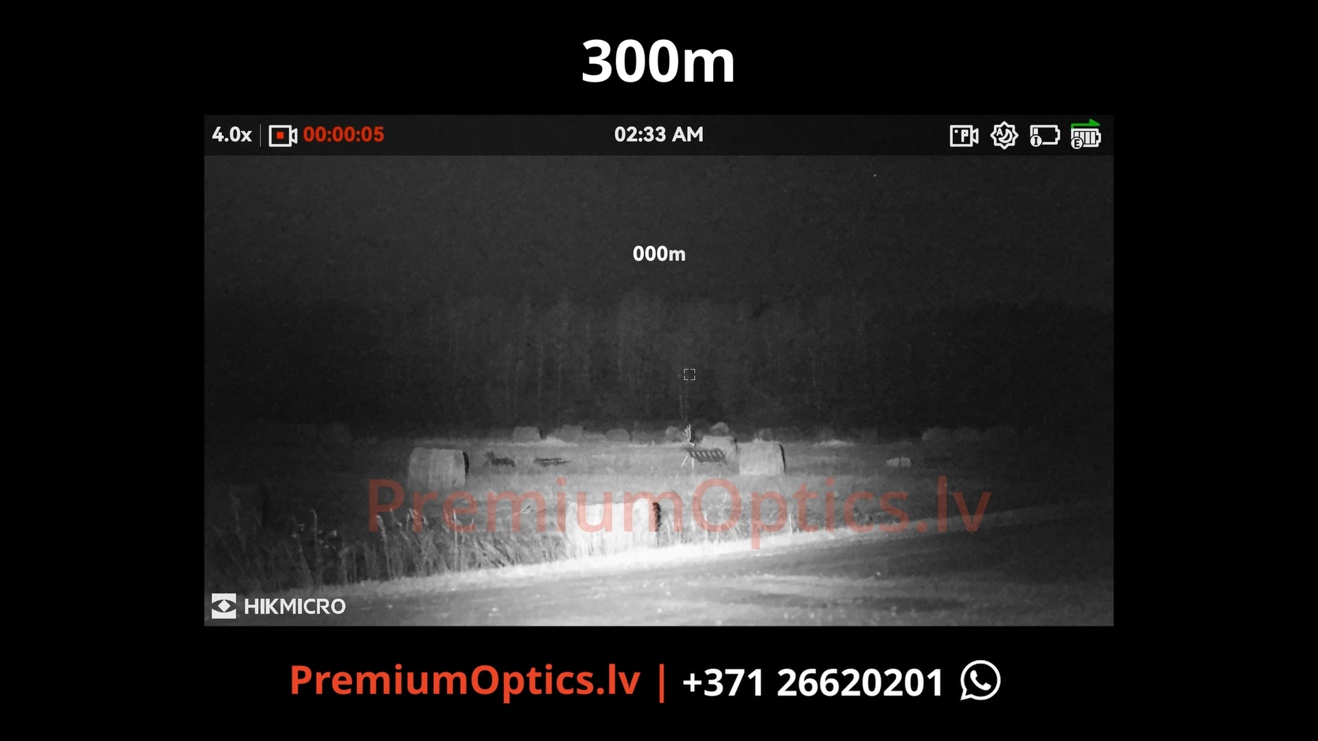 Hikmicro Alpex Pro digitālā tēmēkļa tests 300 metros – attēla kvalitāte nakts tumsā (1x palielinājums)