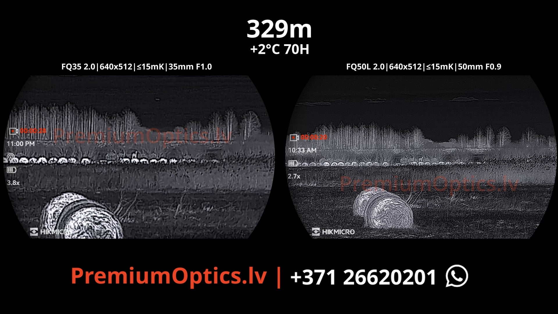 Hikmicro Falcon 2.0 fq35 vs fq50 vs fq50l termokameras tests 330 metros – buks stāvs uz sienas ruli (1x palielinājums)