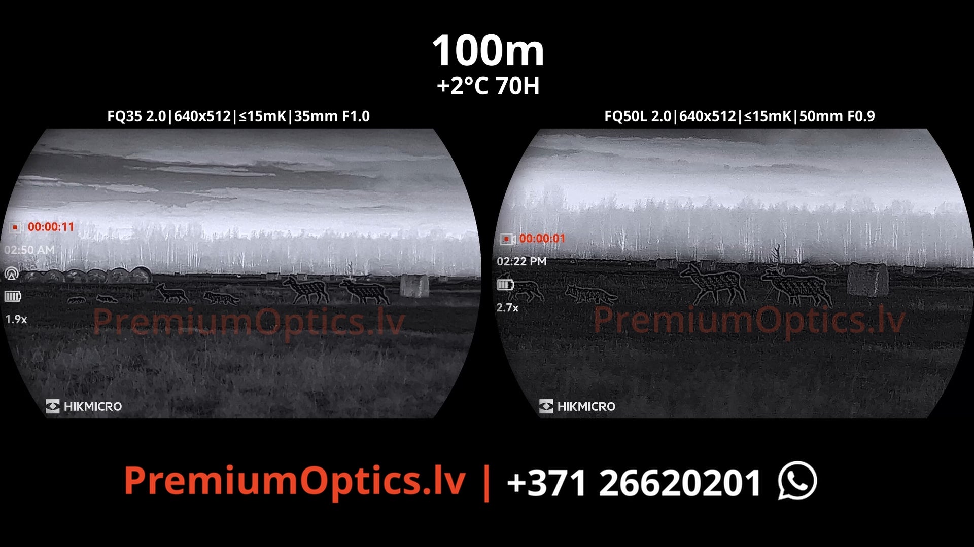 Hikmicro Falcon 2.0 fq35 vs fq50 vs fq50l termokameras tests 100 metros – bildes kvalitāte miglas apstākļos naktī (1x palielinājums)