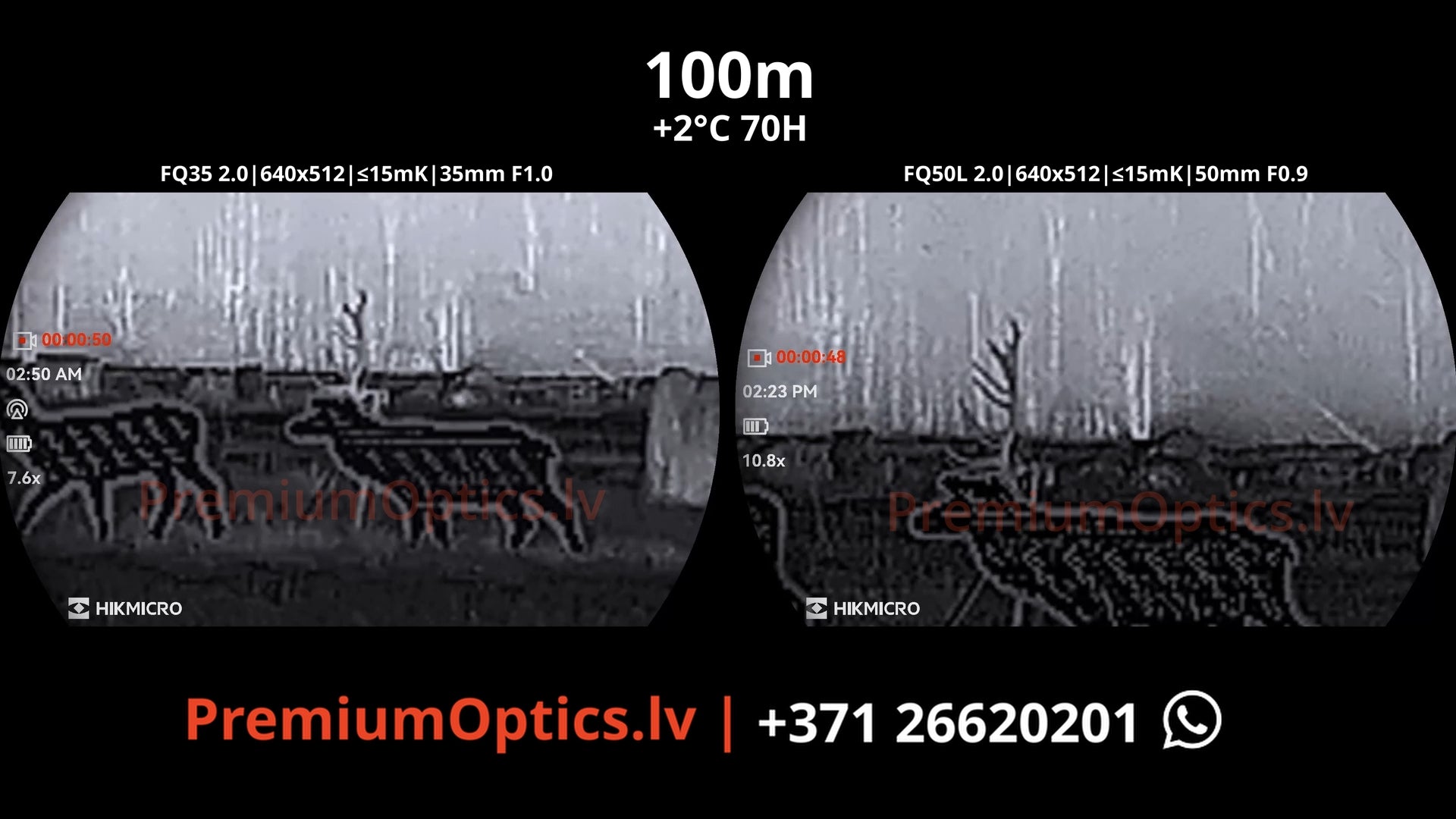 Hikmicro Falcon 2.0 fq35 vs fq50 vs fq50l termokameras tests 100 metros – bildes kvalitāte miglas apstākļos naktī (2x palielinājums)