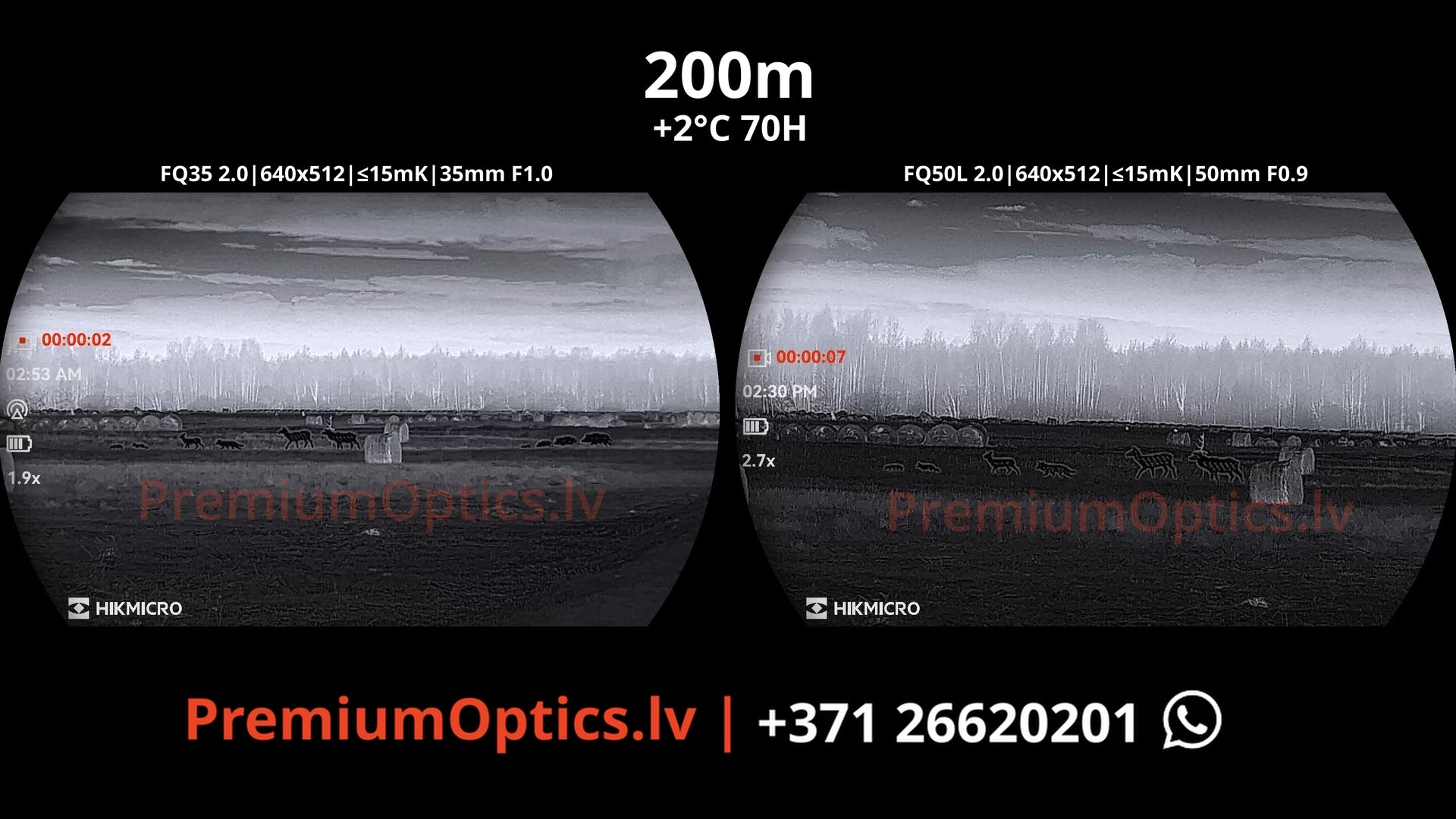 Hikmicro Falcon 2.0 fq35 vs fq50 vs fq50l termokameras tests 200 metros – bildes kvalitāte miglas apstākļos naktī (1x palielinājums)