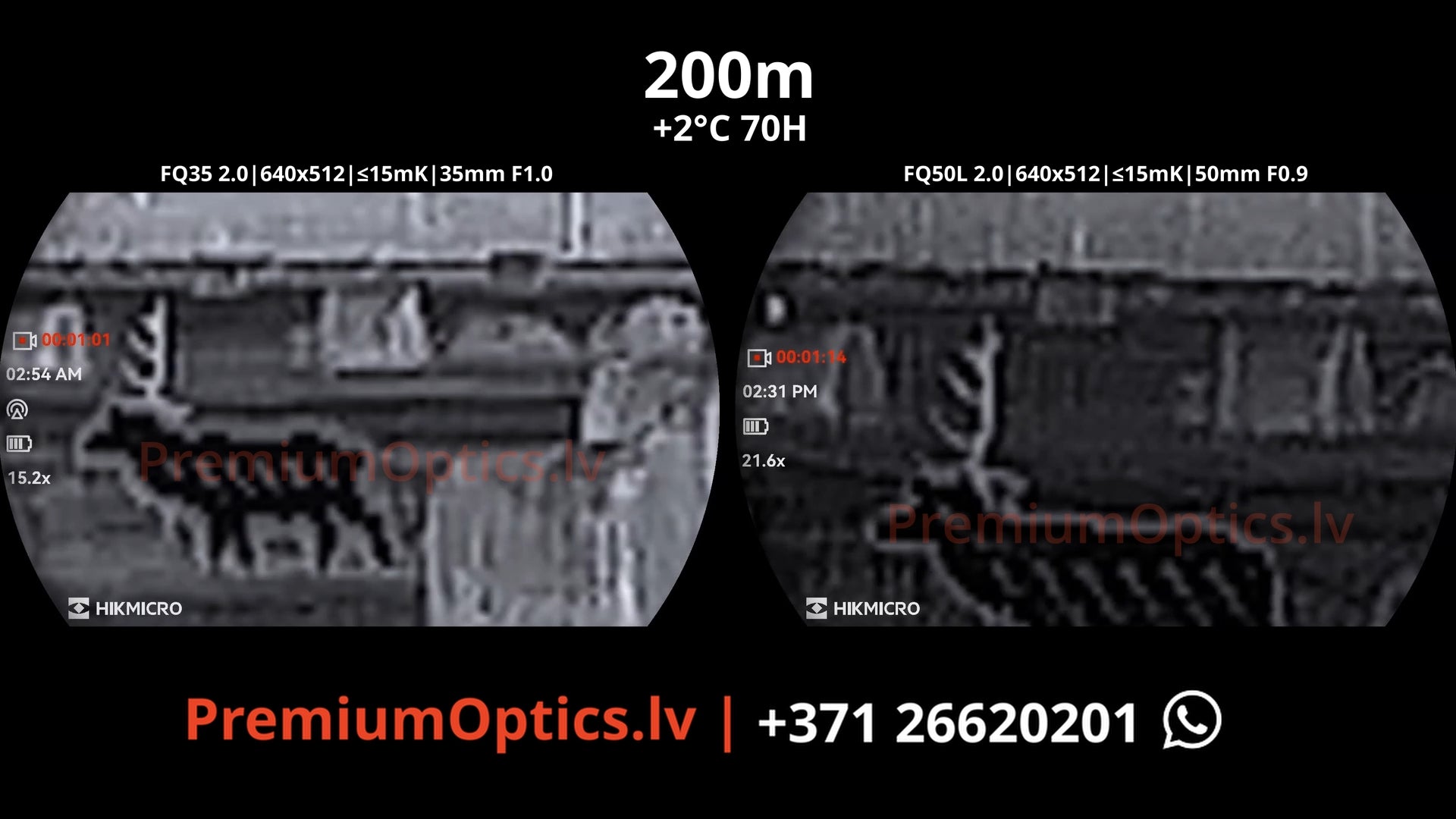 Hikmicro Falcon 2.0 fq35 vs fq50 vs fq50l termokameras tests 200 metros – bildes kvalitāte miglas apstākļos naktī (2x palielinājums)