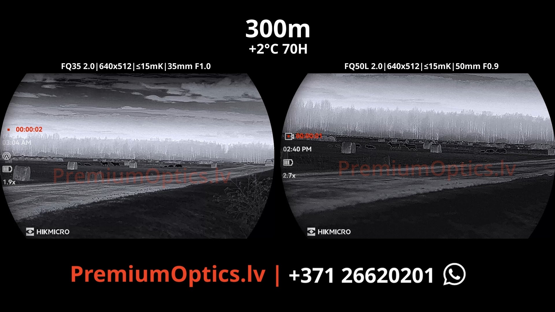 Hikmicro Falcon 2.0 fq35 vs fq50 vs fq50l termokameras tests 300 metros – bildes kvalitāte miglas apstākļos naktī (1x palielinājums)