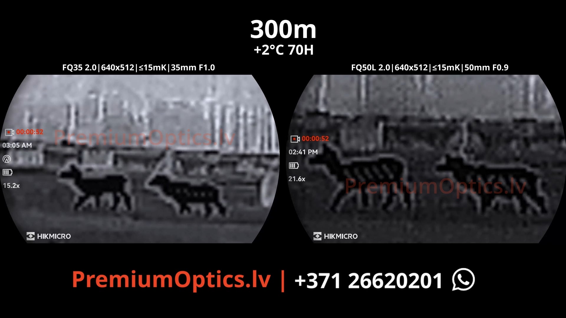 Hikmicro Falcon 2.0 fq35 vs fq50 vs fq50l termokameras tests 300 metros – bildes kvalitāte miglas apstākļos naktī (2x palielinājums)