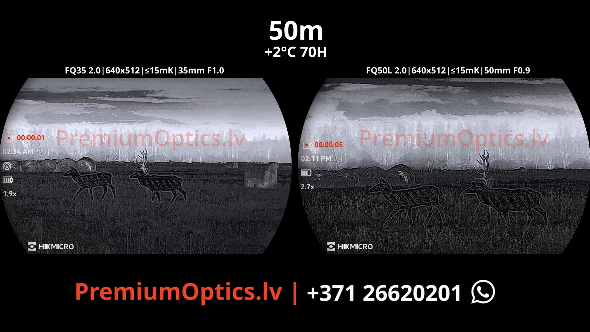 Hikmicro Falcon 2.0 fq35 vs fq50 vs fq50l termokameras tests 50 metros – bildes kvalitāte miglas apstākļos naktī (1x palielinājums)
