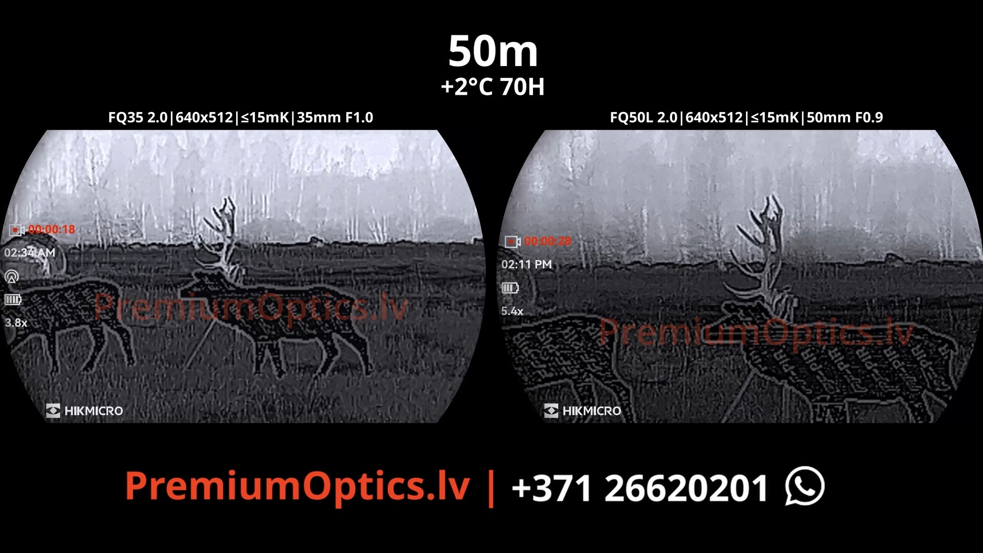 Hikmicro Falcon 2.0 fq35 vs fq50 vs fq50l termokameras tests 50 metros – bildes kvalitāte miglas apstākļos naktī (2x palielinājums)