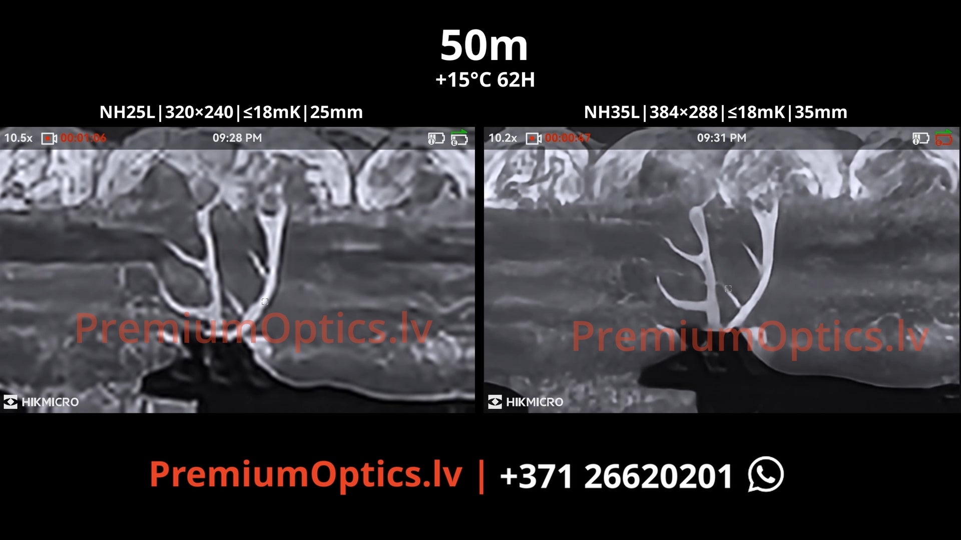 Hikmicro NEOS termotēmēklis NH25L vs NH35L tests lietus apstākļos 50m x2 palielinājums