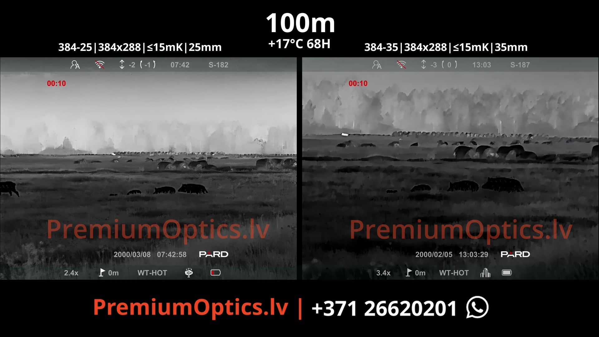 Pard Pantera 384 mini termotēmēkļa tests 25mm vs 35mm lēca 100 metros Mežacūkas mežā