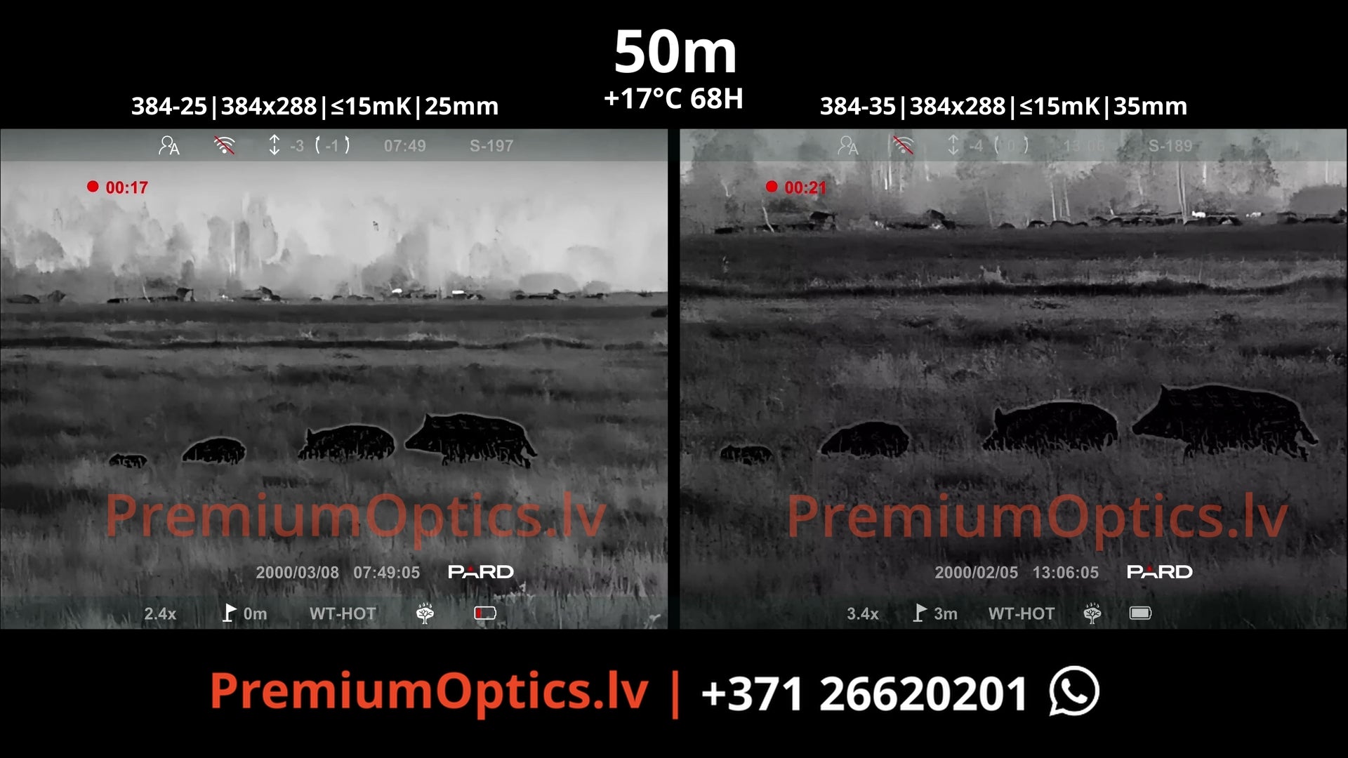 Pard Pantera 384 mini termotēmēkļa tests 25mm vs 35mm lēca 50 metros mežacūkas mežā