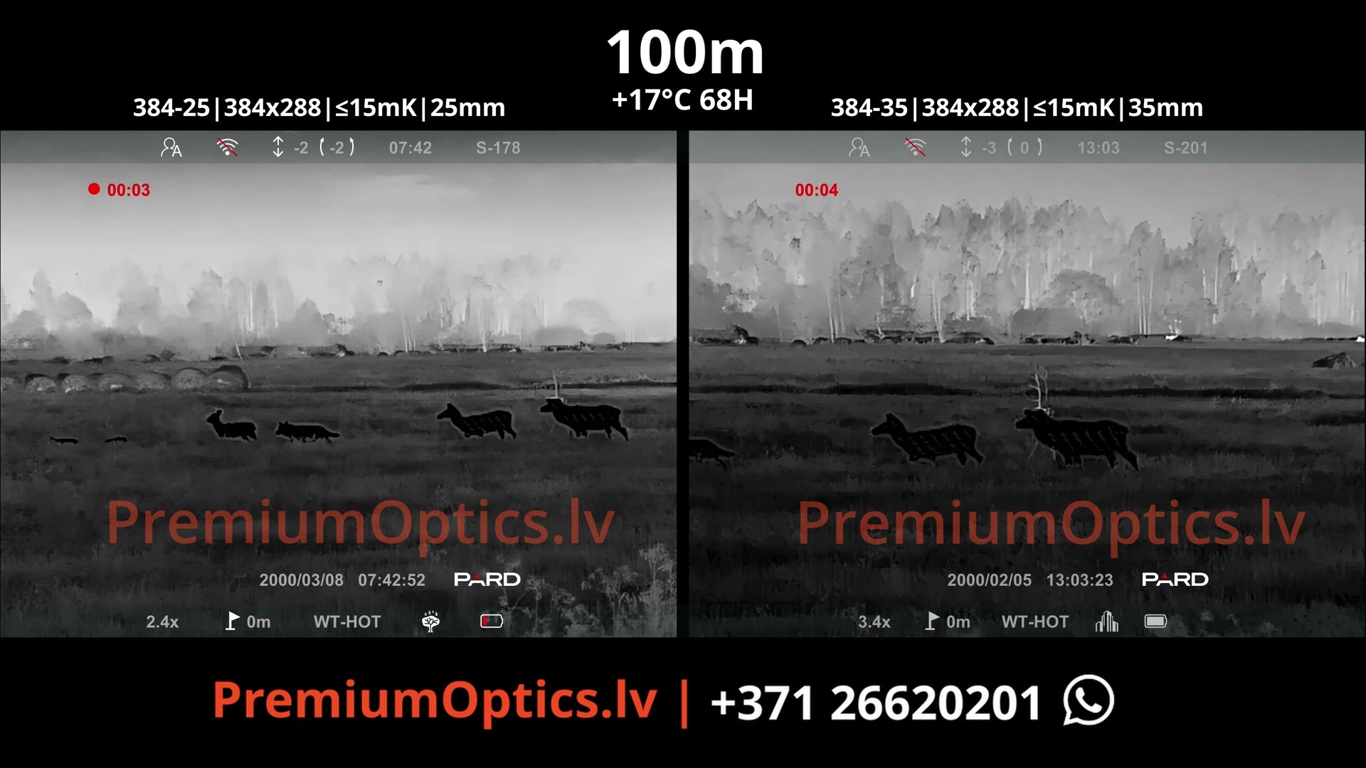 Pard Pantera 384 mini termotēmēkļa tests 25mm vs 35mm lēca 100 metros (1x palielinājums)