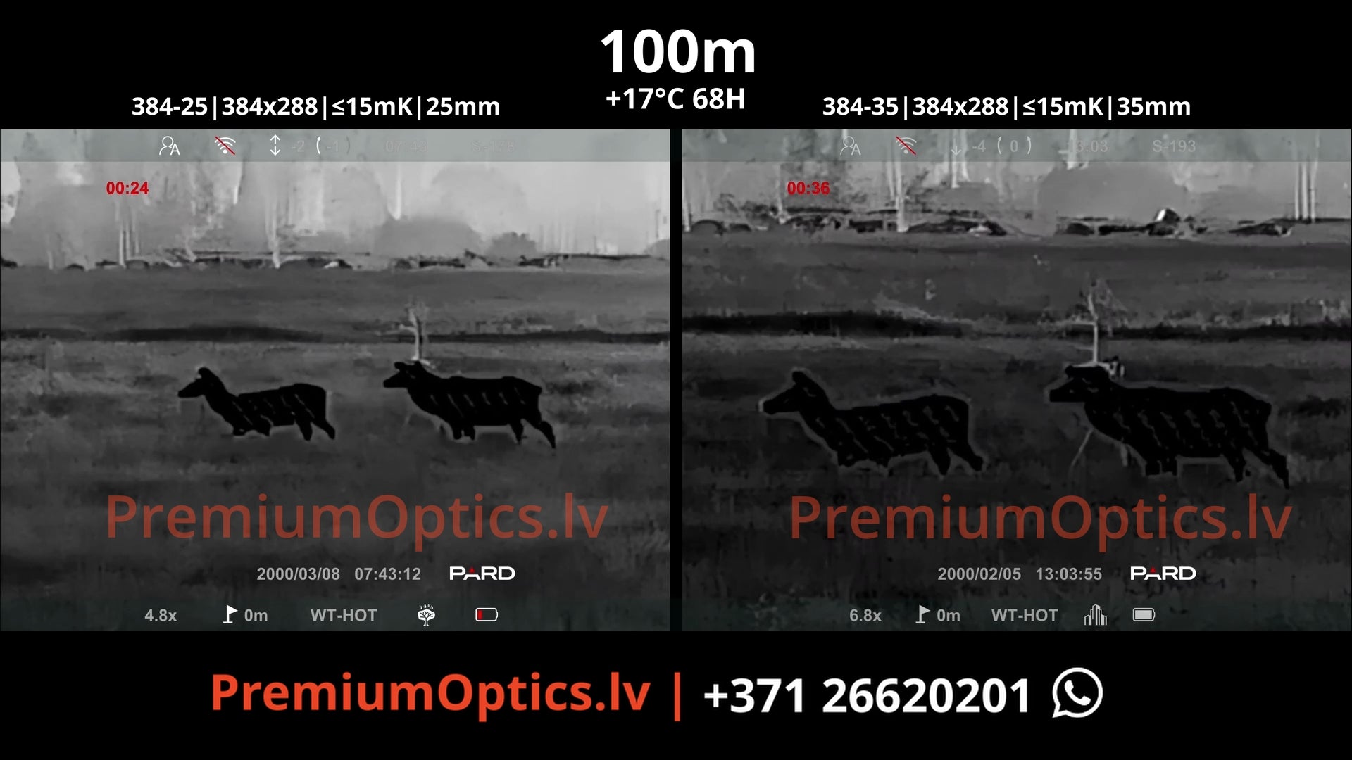 Pard Pantera 384 mini termotēmēkļa tests 25mm vs 35mm lēca 100 metros (2x palielinājums)