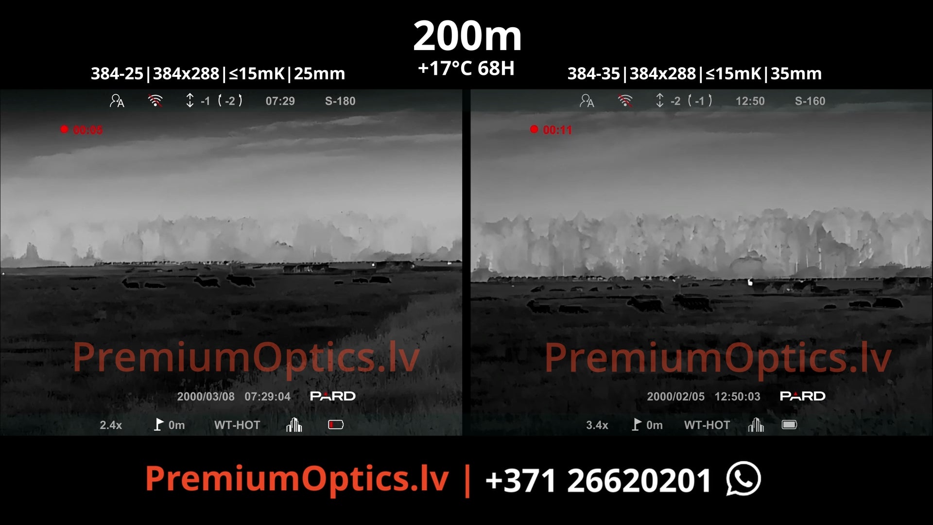 Pard Pantera 384 mini termotēmēkļa tests 25mm vs 35mm lēca 200 metros (1x palielinājums)