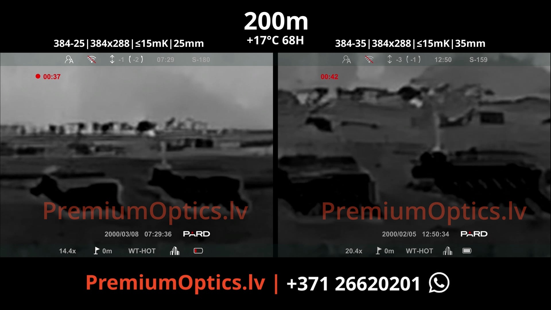 Pard Pantera 384 mini termotēmēkļa tests 25mm vs 35mm lēca 200 metros (2x palielinājums)