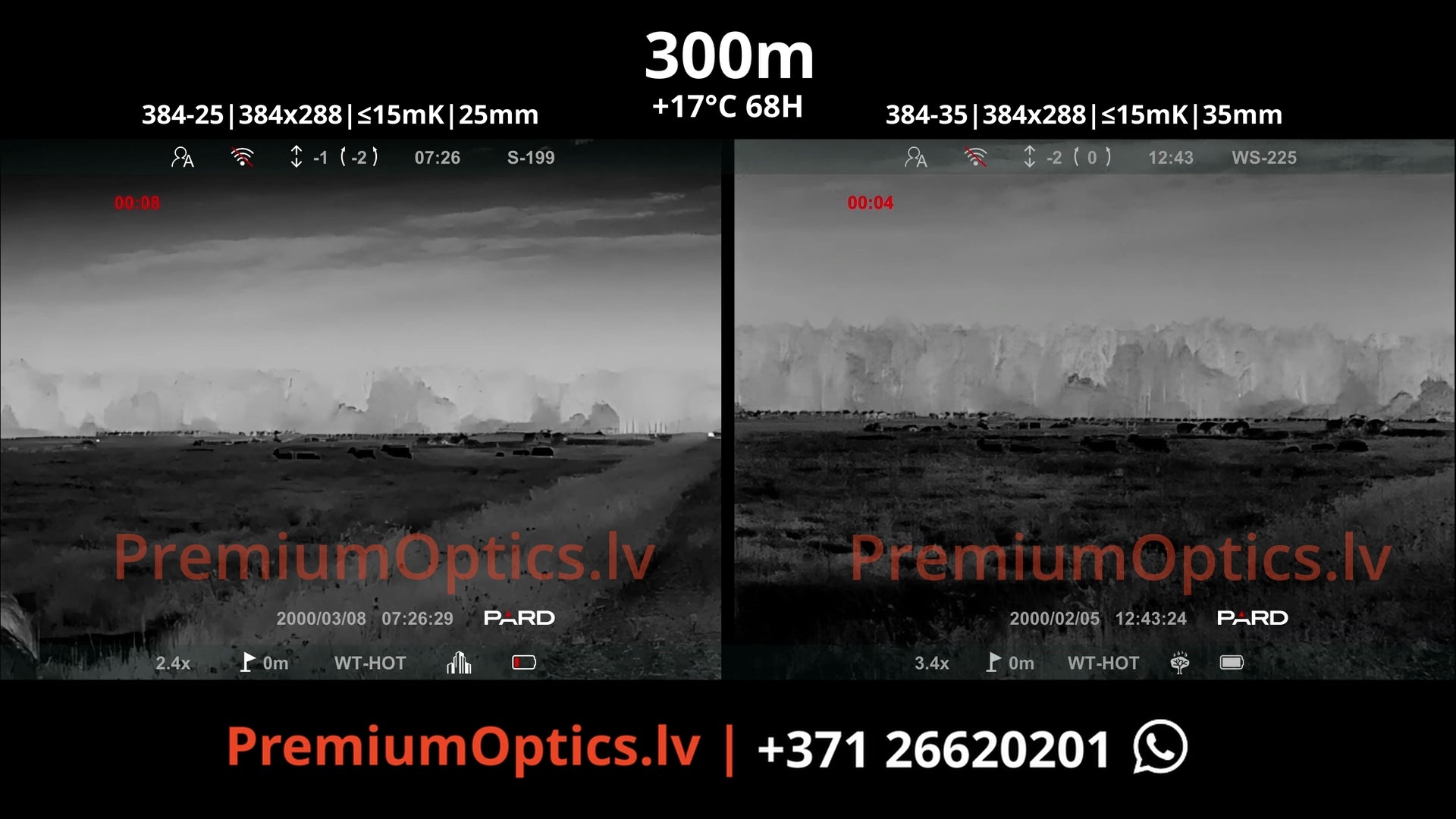 Pard Pantera 384 mini termotēmēkļa tests 25mm vs 35mm lēca 300 metros (1x palielinājums)