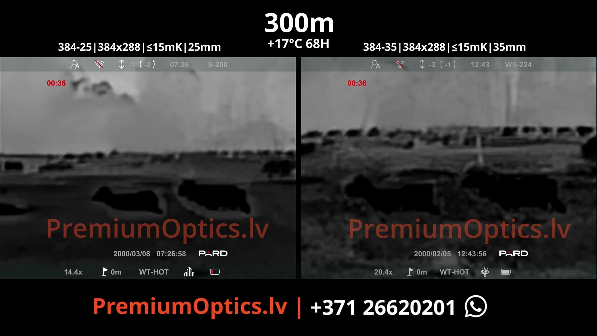 Pard Pantera 384 mini termotēmēkļa tests 25mm vs 35mm lēca 300 metros (2x palielinājums)