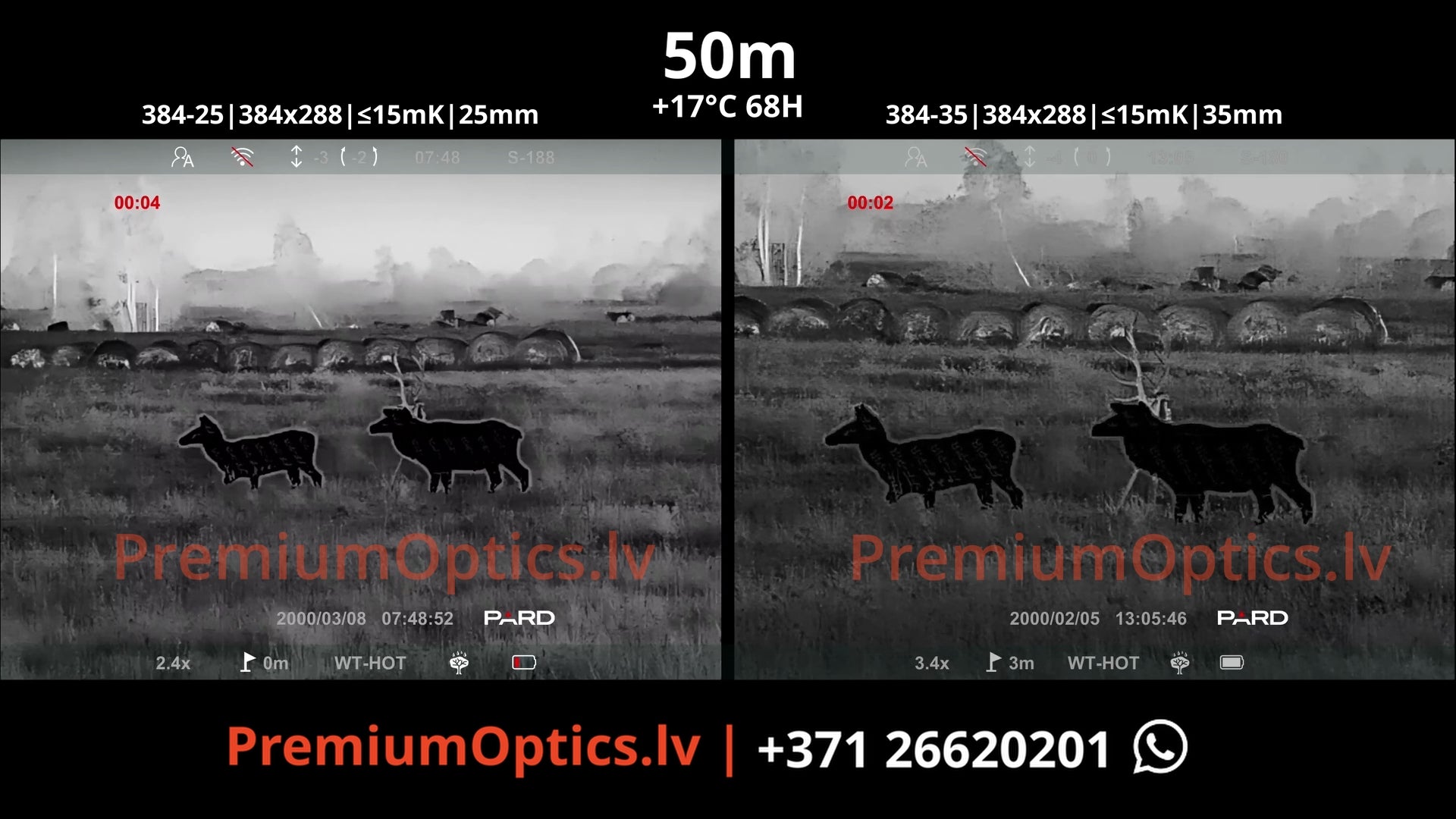 Pard Pantera 384 mini termotēmēkļa tests 25mm vs 35mm lēca 50 metros (1x palielinājums)