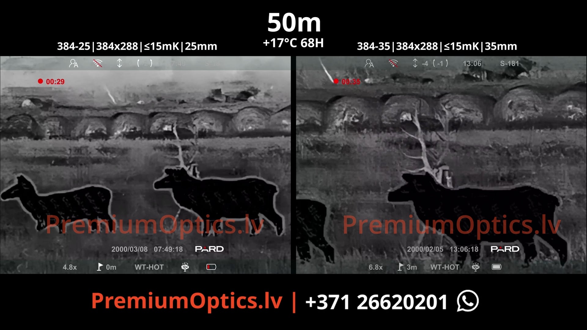 Pard Pantera 384 mini termotēmēkļa tests 25mm vs 35mm lēca 50 metros (2x palielinājums)