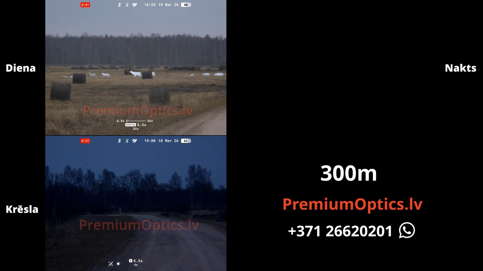 Pulsar Symbion tests digitālās bildes kvalitāte dienas un nakts laikā 300 metros (1x palielinājums)