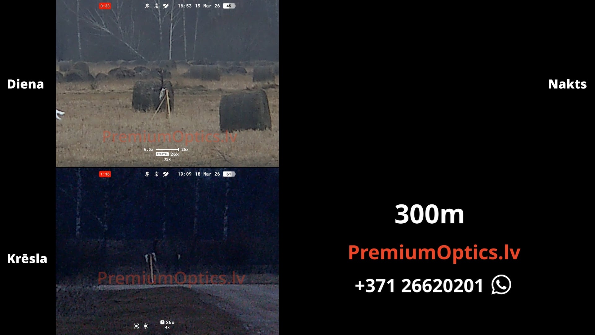 Pulsar Symbion tests digitālās bildes kvalitāte dienas un nakts laikā 300 metros (2x palielinājums)