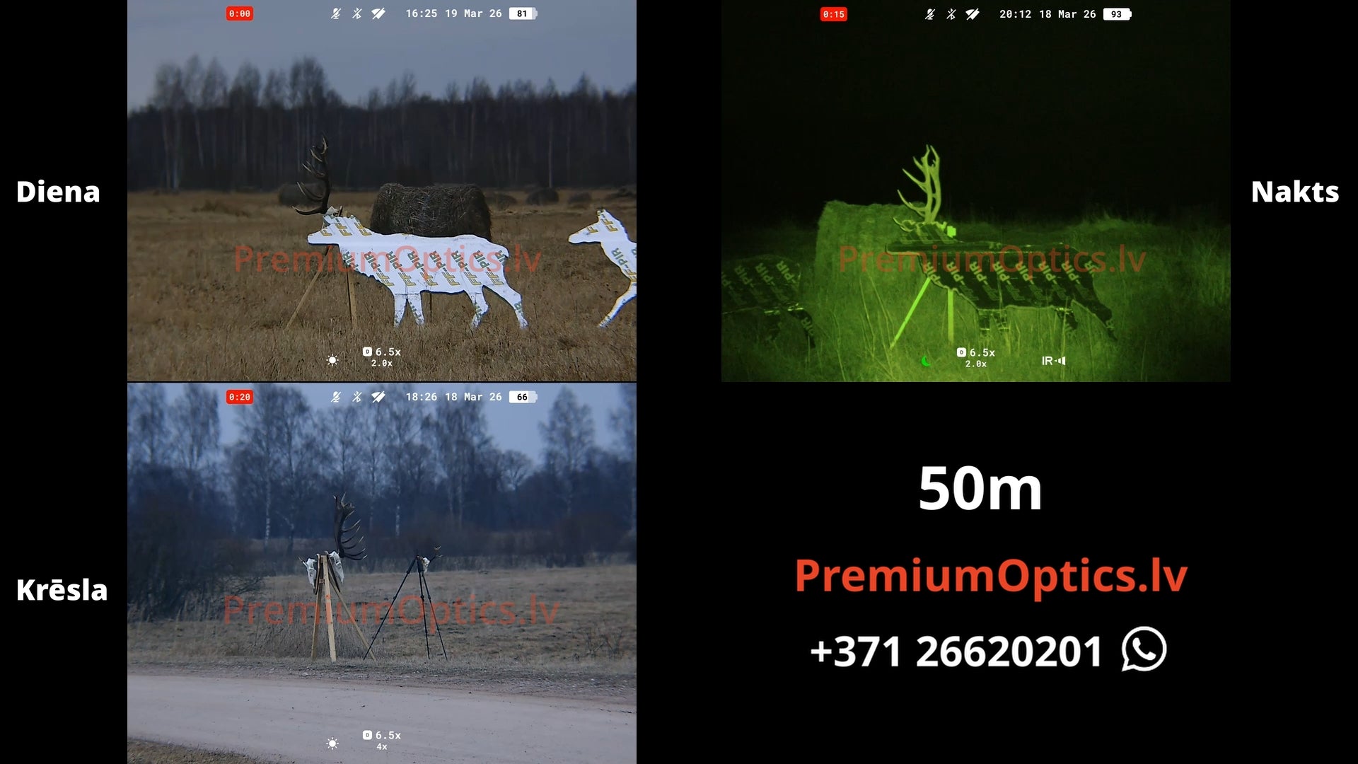 Pulsar Symbion tests digitālās bildes kvalitāte dienas un nakts laikā 50 metros (1x palielinājums)