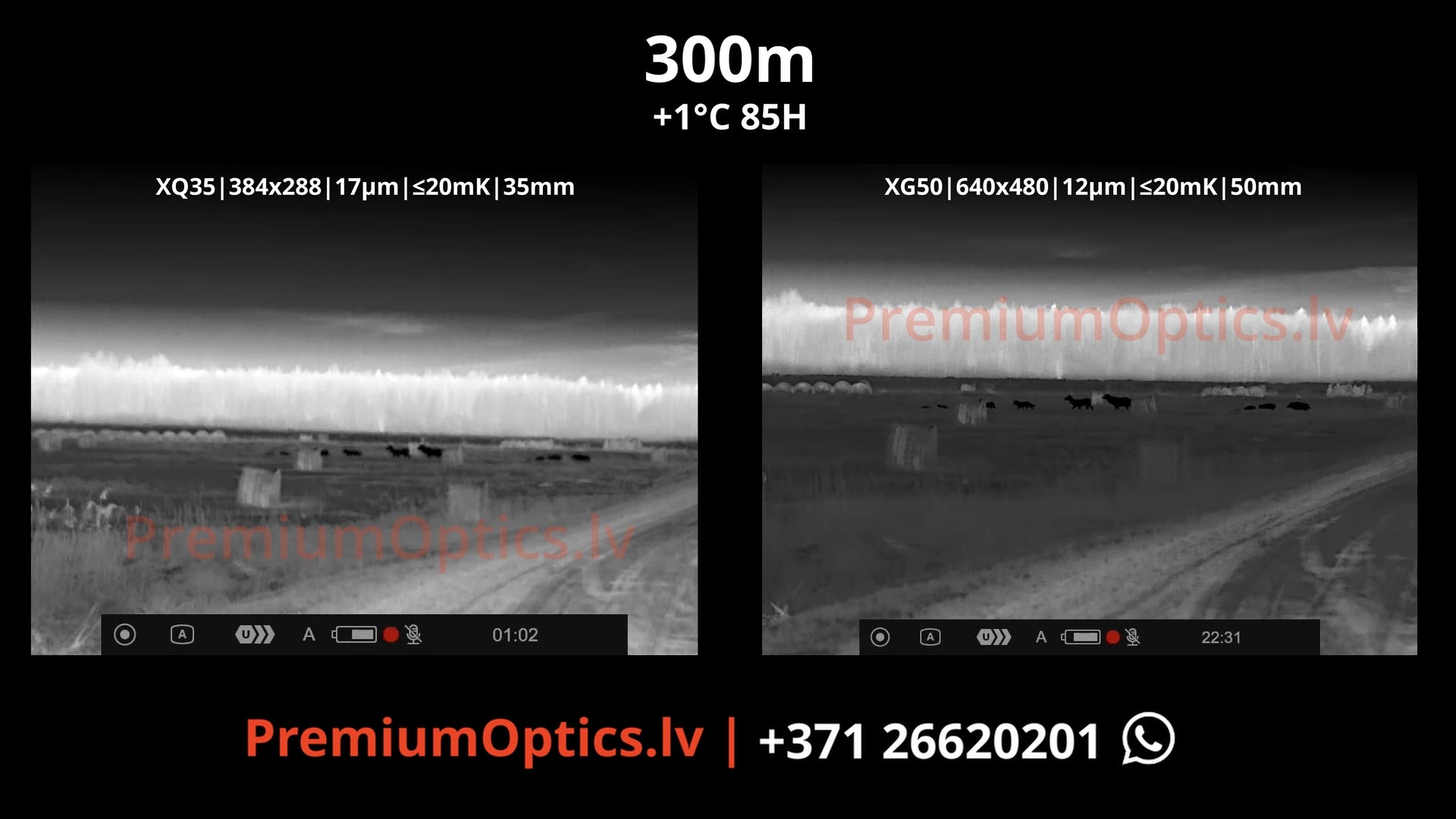 Pulsar Krypton XG50 vs XQ35 termālās uzlika tests miglas apstākļos 300 metros, attēla kvalitāte koptēlā